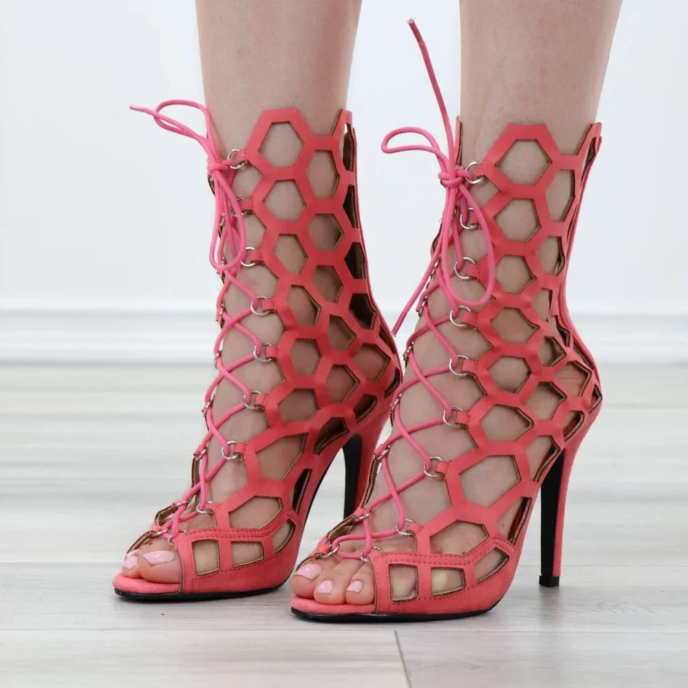 Lace-Up Strappy Glam Gladiator Suede Open Toe Needle High Heel Stiletto Sandals - Picture 1 of 11